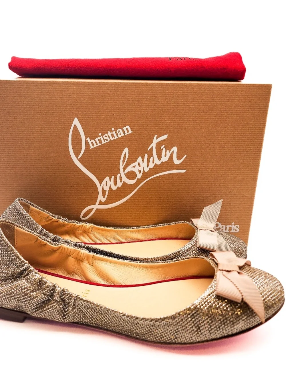 Christian Louboutin Gloriana Glittered Gold Fabric Ballet Bow Flats EU 37.5